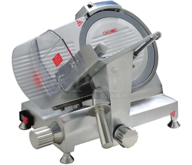 Brand new USR Model HBS250 10" deli meat slicer, commercial grade, 115V, 1 phase, stainless steel body, safety guard.