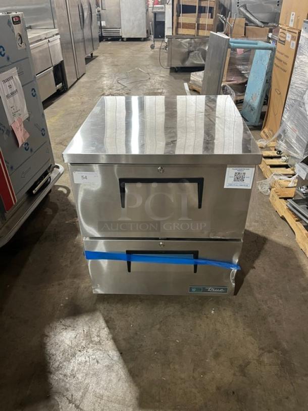 Brand new True TUC-27D-2-HC stainless steel 2-drawer refrigerated lowboy/worktop cooler on casters; SN: 11059798.
