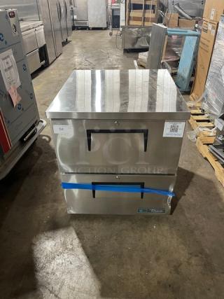 Brand new True TUC-27D-2-HC stainless steel 2-drawer refrigerated lowboy/worktop cooler on casters; SN: 11059798.