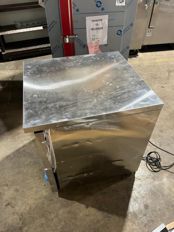 Brand new True TUC-27D-2-HC stainless steel 2-drawer refrigerated lowboy/worktop cooler on casters, model SN: 11059798.