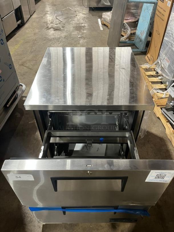 True 2-Drawer Stainless Steel Refrigerated Lowboy, Model TUC-27D-2-HC, brand new, on casters, commercial-grade.