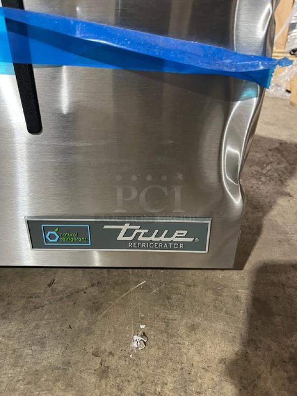 True TUC-27D-2-HC stainless steel 2-drawer refrigerated lowboy cooler, brand new, with eco-friendly refrigerant label.
