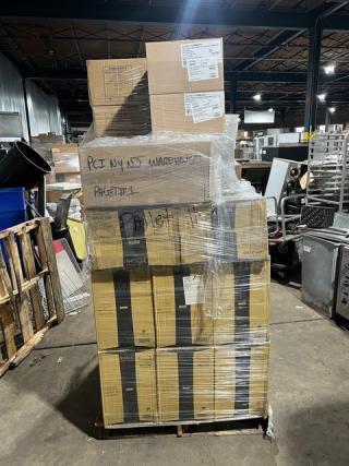 Brand new mixed pallet: Eco Products EP-ECOLID-SPL hot cup lids, Yoshi EMI-1116LP lids, Kraft trays 210BQKEAT4, Rona wine glasses.