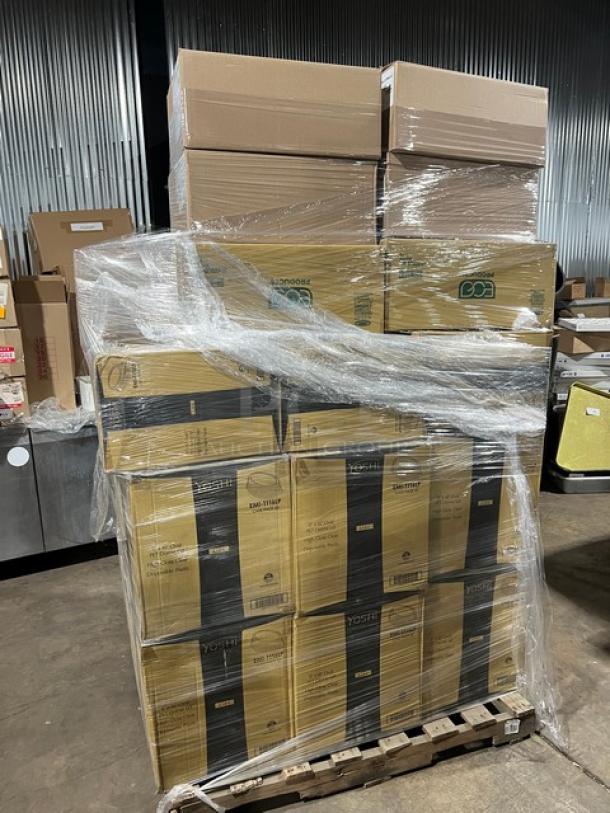 Mixed pallet with Eco Products Hot Cup Lids (EP-ECOLID-SPL), Yoshi Lids (EMI-1116LP), kraft food trays (210BQKEAT4), and Rona 16oz wine glasses. Brand new condition.