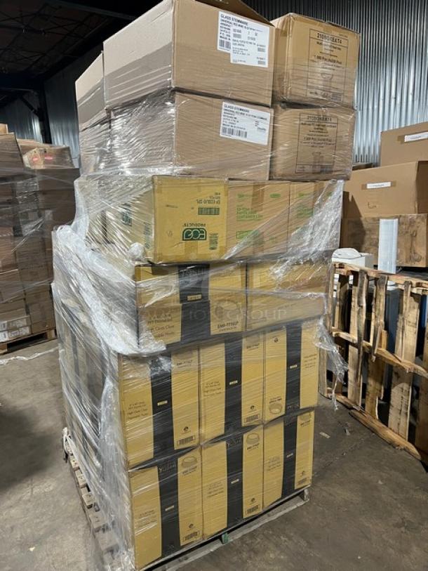 Mixed pallet with Eco Products Hot Cup Lids (EP-ECOLID-SPL), Yoshi Lids (EMI-1116LP), Kraft Food Trays (210BQKEAT4), and Rona Red 16oz Wine Glasses. Brand new in original packaging.