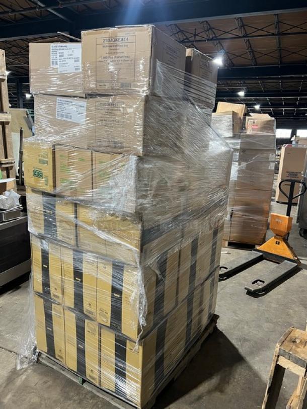 Mixed pallet of new Eco Products EP-ECOLID-SPL hot cup lids, Yoshi EMI-1116LP lids, Kraft food trays 210BQKEAT4, Rona wine glasses.