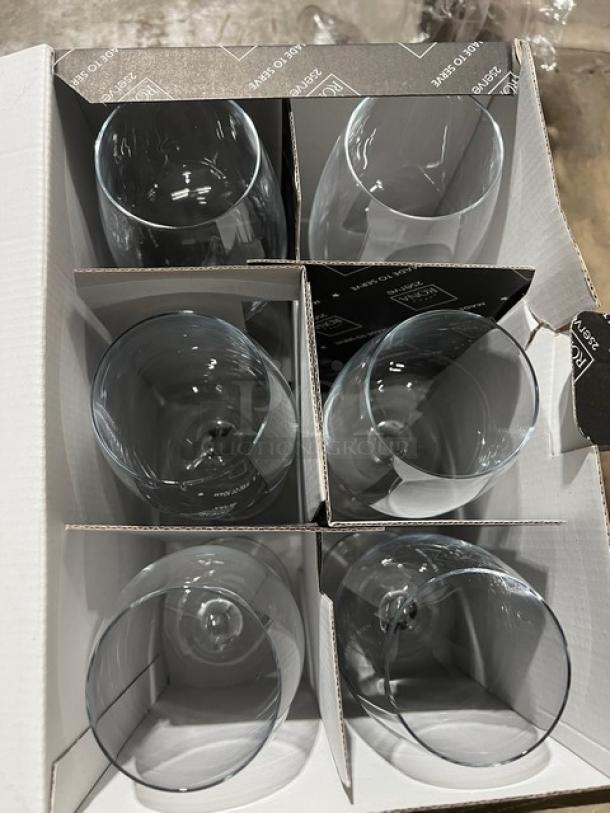 Box of Rona Commercial Red 16oz Wine Glasses, six clear glasses in cardboard packaging, brand new condition.