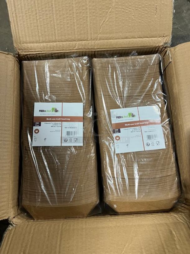 Box of multi-use kraft food trays, model 210BQKEAT4, sealed and stacked in packaging.