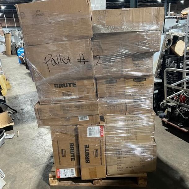 Mixed pallet with commercial items: 14" oval spiral plates, Rubbermaid lids, soap dispensers, bowls, foil bags, and food container.