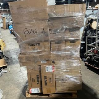 Mixed pallet with commercial items: 14" oval spiral plates, Rubbermaid lids, soap dispensers, bowls, foil bags, and food container.