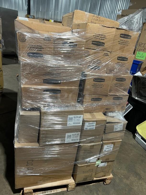 Brand new mixed pallet with 14" oval spiral plates, Rubbermaid Brute lids, soap dispensers, 5" jagged edge bowls, insulated foil bags, and a Rubbermaid food storage container, wrapped in plastic film.