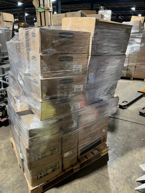 Mixed pallet with various commercial items including 14" oval spiral plates, Rubbermaid lids, soap dispensers, bowls, foil bags, and food storage containers. All items are brand new and sealed.