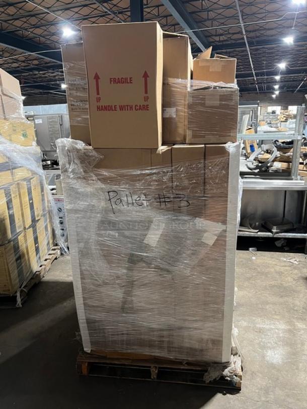 Mixed pallet with Cal-Mil food containers, Rubbermaid caution sign, and rustic wood crate. Marked "Pallet #3."