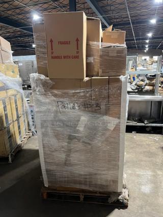 Mixed pallet with Cal-Mil food containers, Rubbermaid caution sign, and rustic wood crate. Marked "Pallet #3."