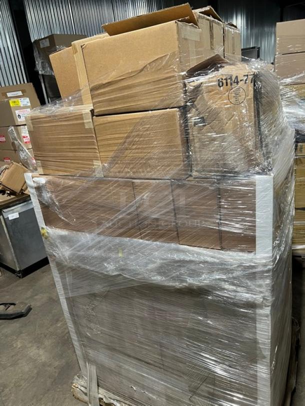 Mixed pallet with Cal-Mil plastic food containers, Rubbermaid caution sign, and rustic wood crate, wrapped in plastic. Model tags visible.