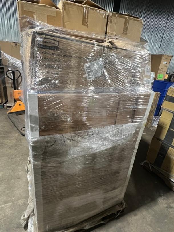 Wrapped mixed pallet with Cal-Mil food containers, Rubbermaid caution sign, and rustic wood storage crate. Models: TOO214153, 6114-77, SPT059NAW21. Brand new condition.