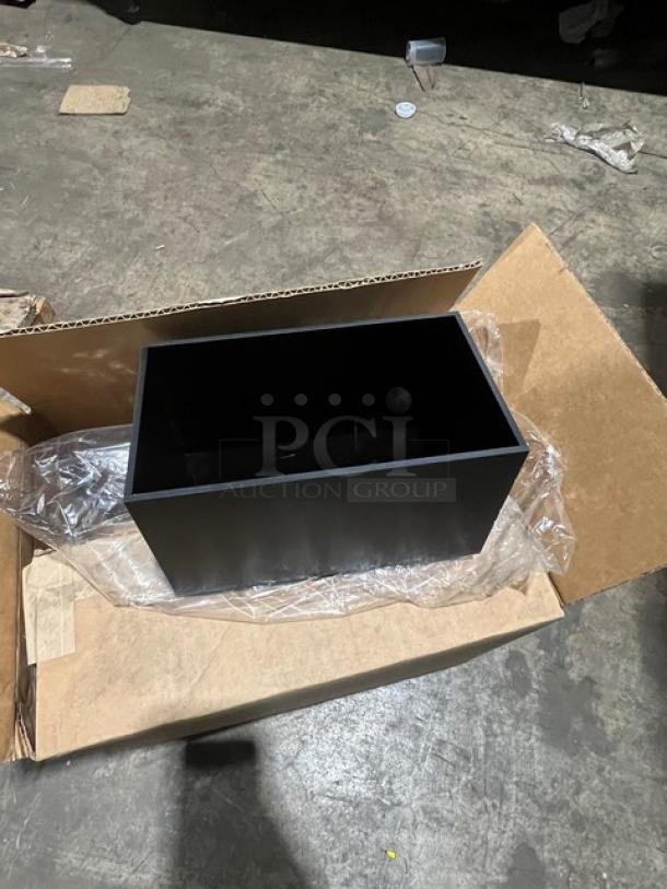Brand new Cal-Mil commercial plastic food container in box; model TOO214153. Rectangular, black color, in pristine condition.