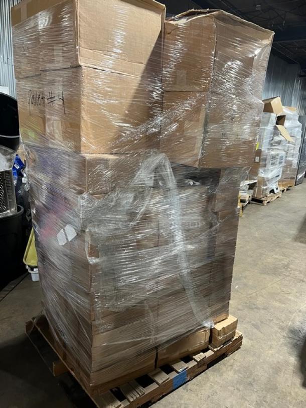 Pallet of boxed Cal-Mil 16oz Mixology Jars and lids, Model 1851-4, shrink-wrapped for auction; brand new condition.