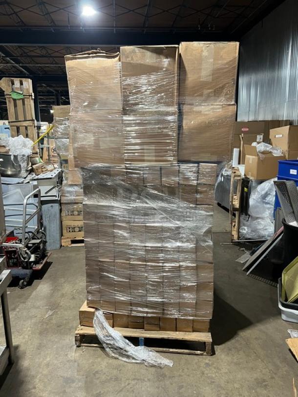 Stacked pallet of brand new Cal-Mil 16oz Mixology Jars, Model 1851-4, with lids. Wrapped and ready for auction.