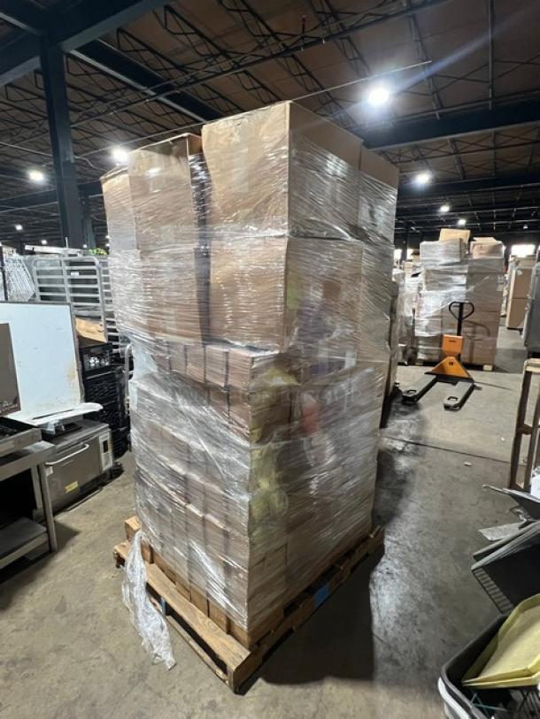 Brand new pallet of Cal-Mil 16oz Mixology Jars, Model 1851-4, with lids. Bulk packaging, wrapped, and ready for auction.