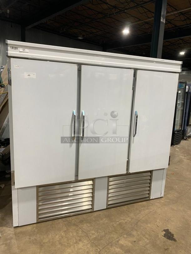 Brand new Leader ESFR79 three-door stainless steel reach-in freezer with poly-coated racks, model ESFR79, serial H0820044, 1 phase.
