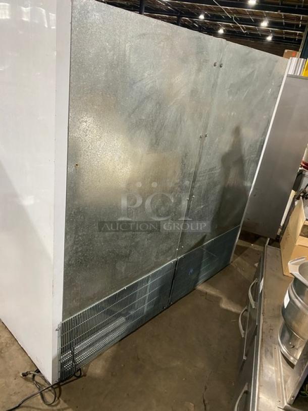 Brand new Leader 3-door stainless steel reach-in freezer, model ESFR79, with poly-coated racks, serial H0820044.