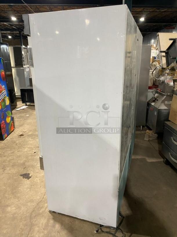 Brand new Leader ESFR79 stainless steel reach-in freezer, model ESFR79, with poly-coated racks, 3 doors, 1 phase.