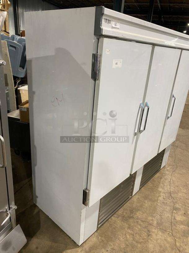 Brand new Leader ESFR79 stainless steel 3-door reach-in freezer with poly coated racks, serial H0820044, 1-phase.