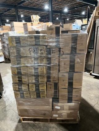 Mixed pallet with Kraft 15.75" x 23.5" table toppers, Riedel crystal wine glasses, commercial pet bowls, teaspoons, and food trays. Model numbers visible.