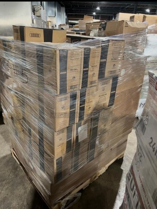 Mixed pallet with boxed Kraft table toppers, Riedel crystal wine glasses, pet bowls, teaspoons, and food trays. 58X your bid.