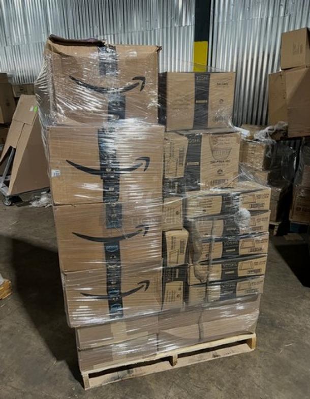 Mixed pallet of brand new items including Kraft table toppers, Riedel wine glasses (model 6408/90), commercial pet bowls (model EMI-PTB64-10C), silver teaspoons (model EMI-GWTS), food trays (model EMI-1616W), and pet bowls with lids (model EMI-SB8LP). Packaged on a pallet with Amazon boxes, wrapped in plastic.