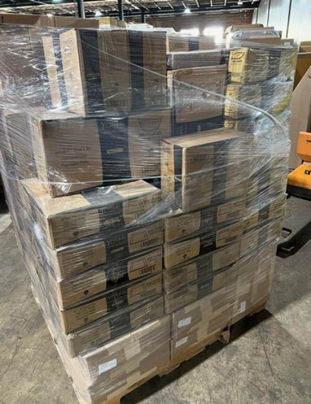 Mixed pallet with Kraft Table Toppers, Riedel Crystal Wine Glasses (Model: 6408/90), pet bowls, teaspoons, and food trays.