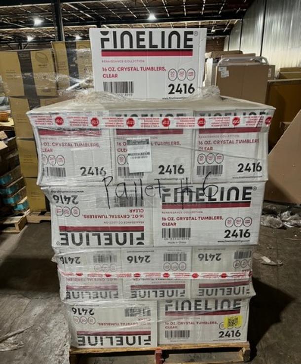 Full pallet of Fineline Renaissance Series Model 2416 crystal tumblers, brand new in boxes, 16oz clear, 30X your bid.