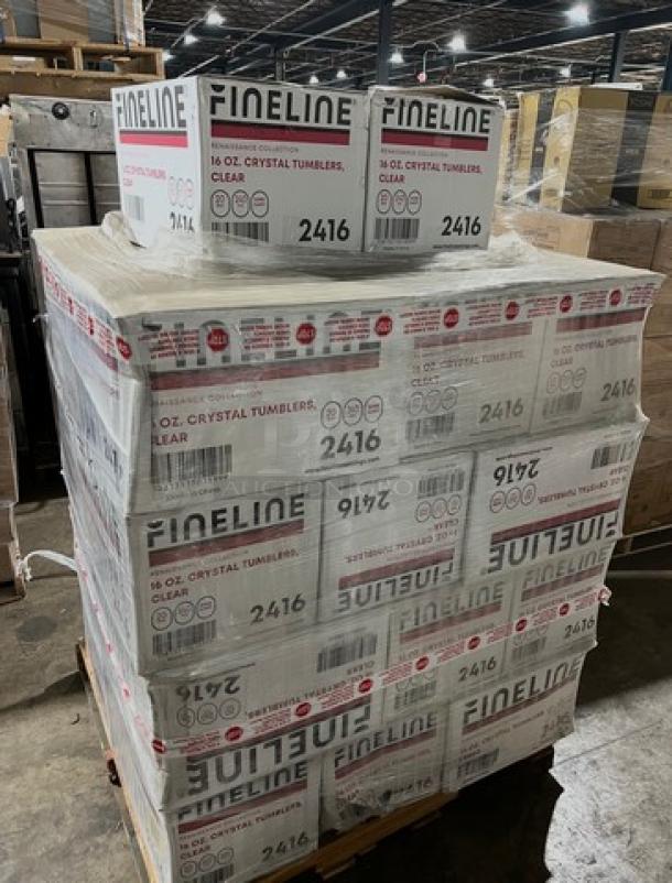 Full pallet of Fineline Renaissance Series 16oz clear crystal tumblers, Model 2416, brand new and sealed in original packaging.