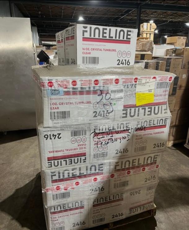 Full pallet of Fineline Renaissance Series 16oz Crystal Tumblers, model 2416, brand new, labeled boxes indicating commercial use.