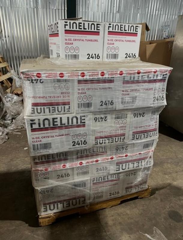 Pallet of new Fineline Renaissance Series Model 2416 clear 16oz crystal tumblers. Original packaging visible, model labeled.