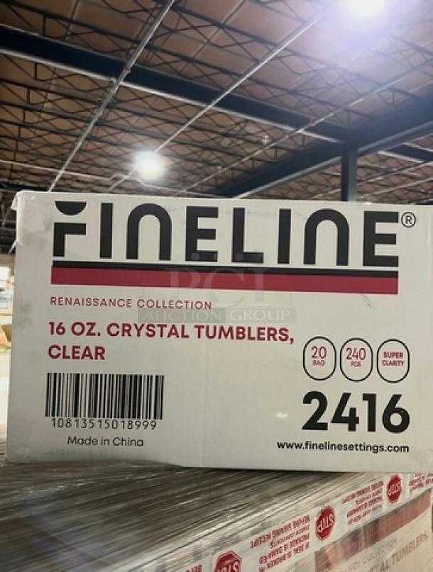 Fineline Renaissance Series Model 2416 clear 16oz tumblers, full pallet, 240 pieces per case, brand new condition.