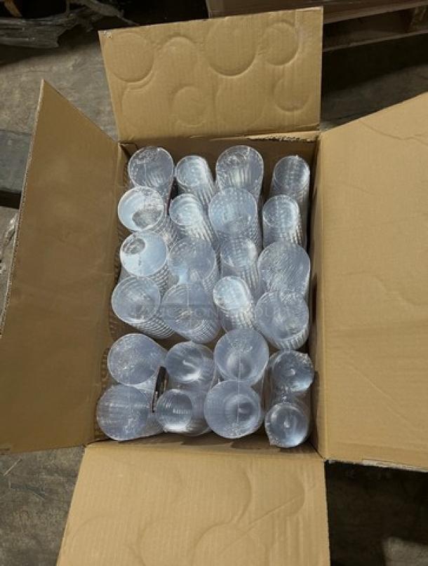 Alt text: Full pallet of brand new Fineline Renaissance Series Commercial clear 16oz crystal tumblers, model 2416, in open box.