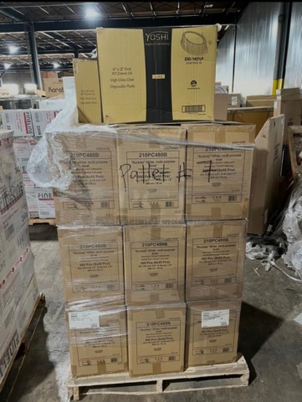 Pallet with boxes labeled "Yoshi EMI-1421LP" for clear dome lids and "210PC480B" for white buckets. New condition.
