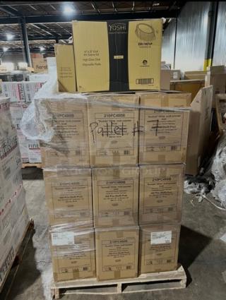 Pallet with boxes labeled "Yoshi EMI-1421LP" for clear dome lids and "210PC480B" for white buckets. New condition.