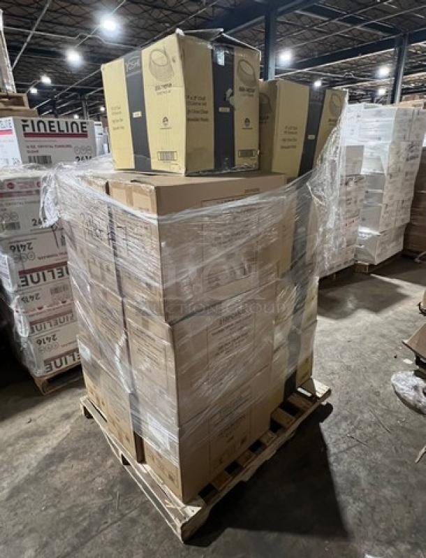 Mixed pallet of commercial white multi-purpose buckets, Model 480B, and clear oval pet dome lids, Model EMI-1421LP, brand new in packaging.