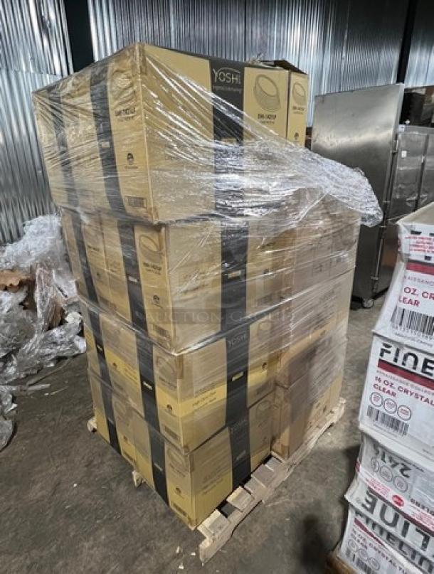 Mixed pallet of new commercial buckets and lids, featuring Yoshi Model 480B buckets and EMI-1421LP pet dome lids.