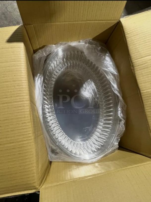 Brand new commercial clear oval 14"x21" Pet Dome Lid, Model EMI-1421LP, packaged in cardboard box.