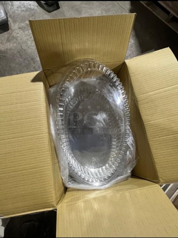 Brand new mixed pallet with commercial white multi-purpose buckets, Model 480B, and clear oval pet dome lids, Model EMI-1421LP.