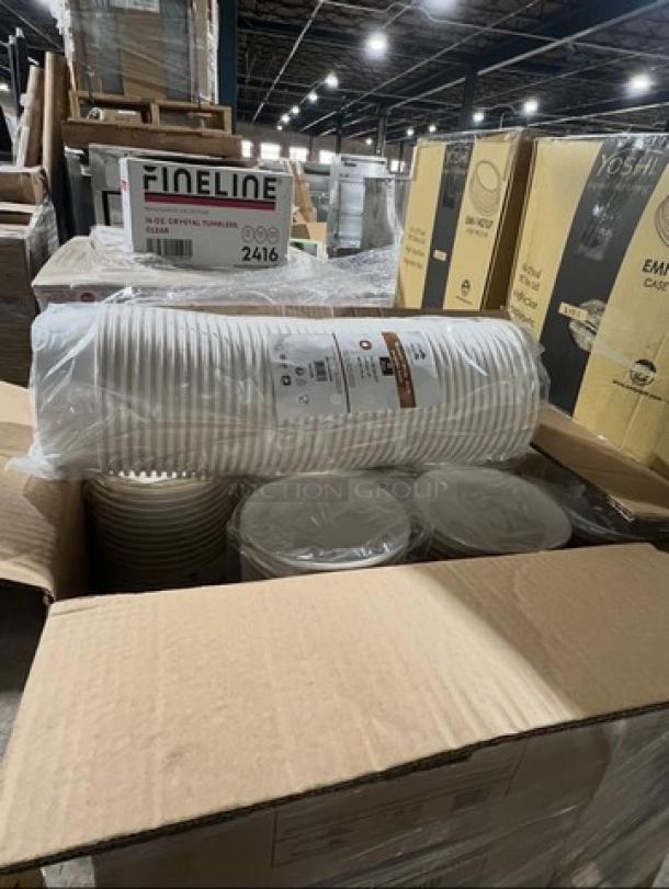 Mixed pallet with brand new commercial white multi-purpose buckets, Model 480B, and clear oval pet dome lids, Model EMI-1421LP.