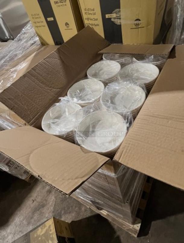 Brand new mixed pallet with commercial white multi-purpose buckets, Model 480B, and clear oval pet dome lids, Model EMI-1421LP.