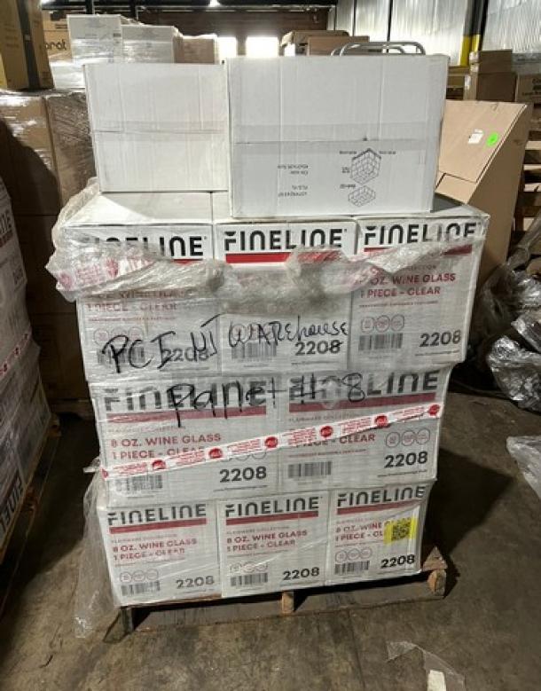 Full pallet of brand new Fineline commercial clear 8oz wine glasses, multiple boxes, model 2208, unopened and labeled.