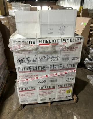 Full pallet of brand new Fineline commercial clear 8oz wine glasses, multiple boxes, model 2208, unopened and labeled.