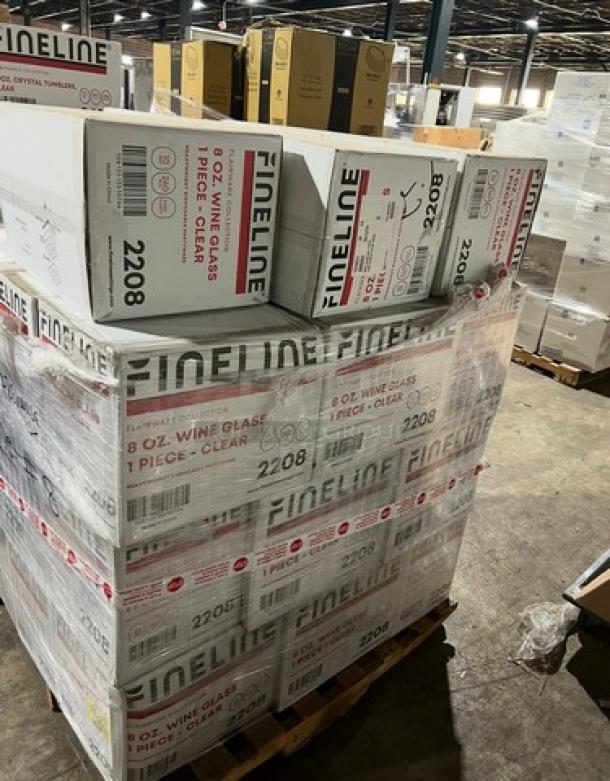 BRAND NEW full pallet of Fineline Commercial Clear 8oz Wine Glasses. Multiple boxes, labeled “2208.” Bulk auction item.