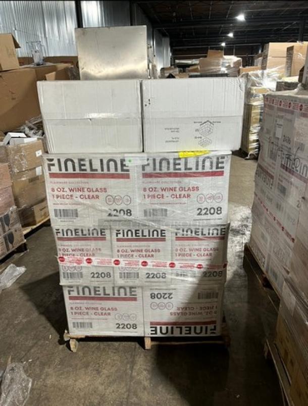 Full pallet of brand new Fineline 8oz clear wine glasses, 29 times your bid, packaged and stacked in original boxes.